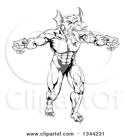 Clipart of a Black and White Muscular Aggressive Welsh Dragon Man Mascot Walking Upright - Royalty Free Vector Illustration by AtStockIllustration