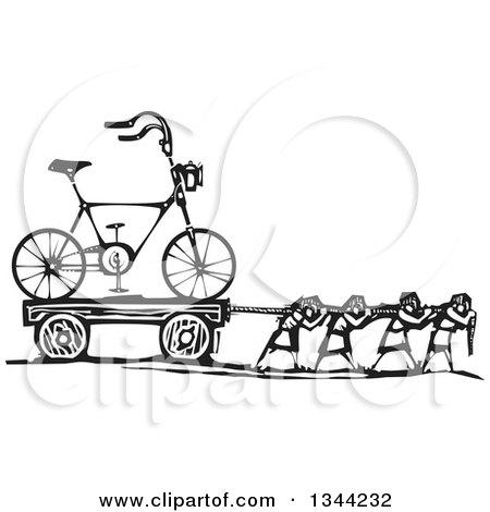 Clipart of Black and White Woodcut People Pulling a Hipster Bicycle - Royalty Free Vector Illustration by xunantunich