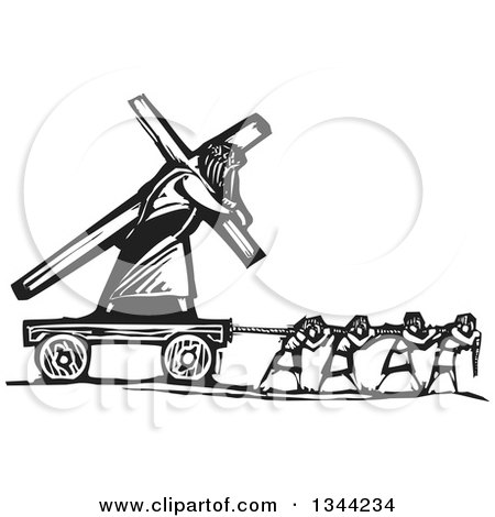 Clipart of Black and White Woodcut People Pulling Jesus Christ and a Cross - Royalty Free Vector Illustration by xunantunich