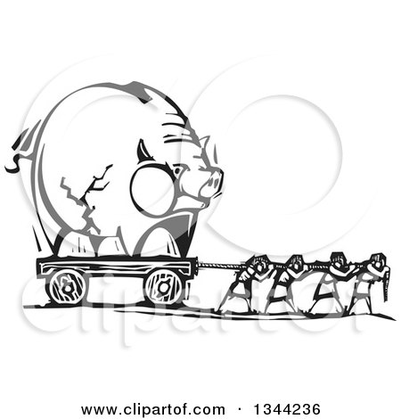 Clipart of Black and White Woodcut People Pulling a Cracked Piggy Bank - Royalty Free Vector Illustration by xunantunich