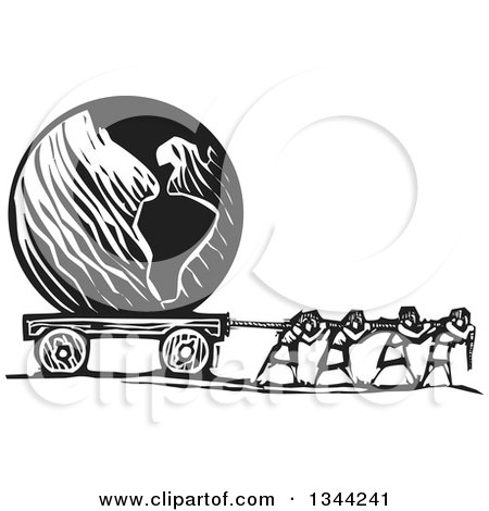 Clipart of Black and White Woodcut People Pulling Planet Earth - Royalty Free Vector Illustration by xunantunich