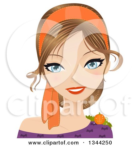 Clipart of a Young Blue Eyed Caucasian Woman Wearing an Orange Head Band, Vampire Bat Shirt and Halloween Pumpkin Accessory - Royalty Free Vector Illustration by Melisende Vector