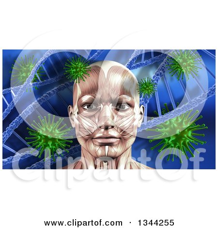 Clipart of a 3d Blue Toned Medical Anatomical Man with Visible Face Muscles, over a Blue Virus and Dna Background - Royalty Free Illustration by KJ Pargeter