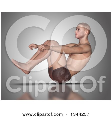 Clipart of a 3d Fit Caucasian Man Stretching in a Yoga Pose, or Doing Sit Ups, on Gray - Royalty Free Illustration by KJ Pargeter