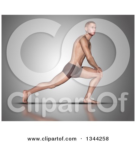 Clipart of a 3d Fit Caucasian Man Stretching in a Yoga Pose, on Gray 4 - Royalty Free Illustration by KJ Pargeter