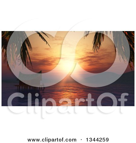 Clipart of a 3d Water Hut at Sunset with Silhouetted Palm Trees - Royalty Free Illustration by KJ Pargeter