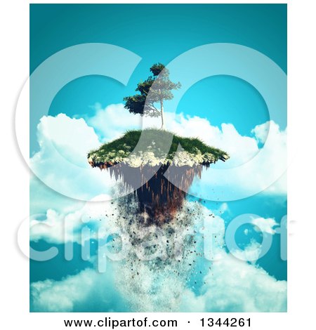 Clipart of a 3d Crumbling Island with a Tree, Floating over Clouds in the Sky - Royalty Free Illustration by KJ Pargeter