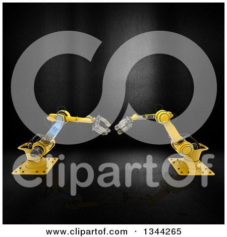 Clipart of 3d Yellow Industrial Robotic Arms over Metal - Royalty Free Illustration by KJ Pargeter