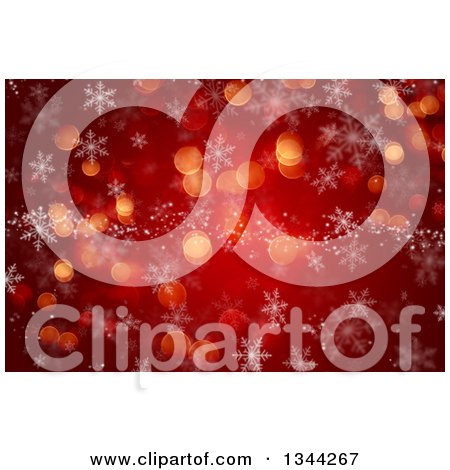 Clipart of a Christmas Winter Background of Snowflakes and Bokeh Flares over Red - Royalty Free Illustration by KJ Pargeter