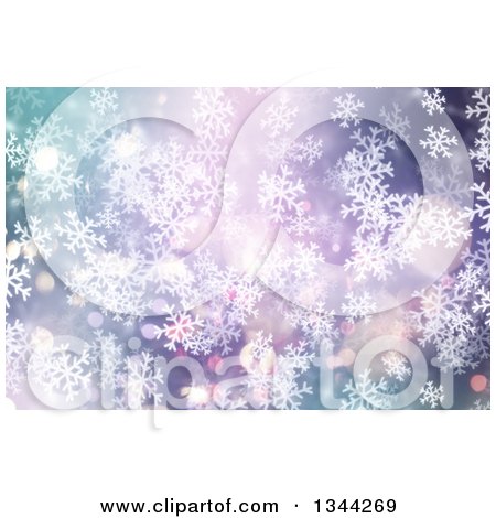 Clipart of a Christmas Winter Background of Snowflakes and Bokeh Flares over Gradient Blue and Purple - Royalty Free Illustration by KJ Pargeter