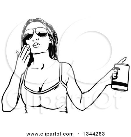 Clipart of a Black and White Party Woman Blowing a Kiss and Holding a Beverage - Royalty Free Vector Illustration by dero