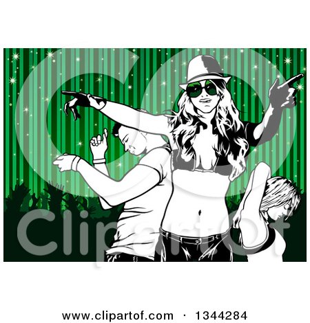 Clipart of a Black and White Young Man and Women Dancing over Silhouetted People and Green Sparkly Stripes - Royalty Free Vector Illustration by dero