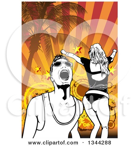 Clipart of a Party Couple Dancing on a Tropical Beach, over a Grungy Sunset, Circles, Stars Rays - Royalty Free Vector Illustration by dero