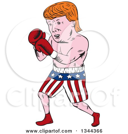 Clipart of a Cartoon Caricature of Donald Trump Boxing - Royalty Free Vector Illustration by patrimonio