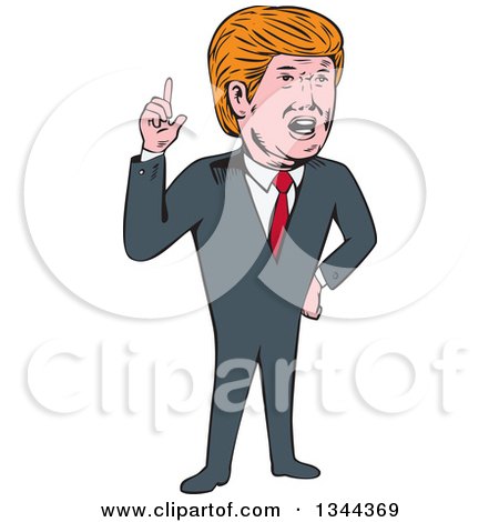 Clipart of a Cartoon Caricature of Donald Trump Holding up a Finger - Royalty Free Vector Illustration by patrimonio