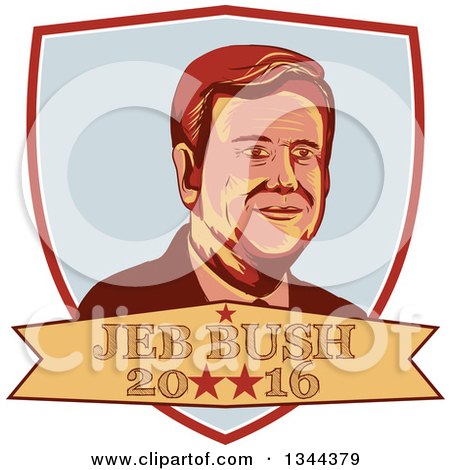 Clipart of a Retro Portrait of Jeb Bush in a Shield with 2016 Text - Royalty Free Vector Illustration by patrimonio