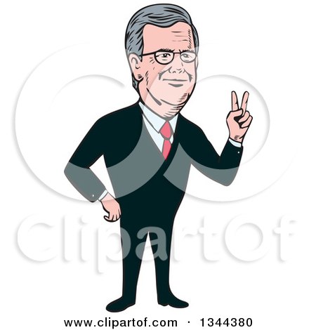 Clipart of a Cartoon Caricature of Jeb Bush Gesturing Peace of Victory - Royalty Free Vector Illustration by patrimonio