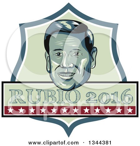 Clipart of a Retro Portrait of Marco Rubio with 2016 Text in a Shield - Royalty Free Vector Illustration by patrimonio