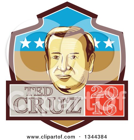 Clipart of a Retro Portrait of Tex Cruz on a Shield with 2016 Text - Royalty Free Vector Illustration by patrimonio