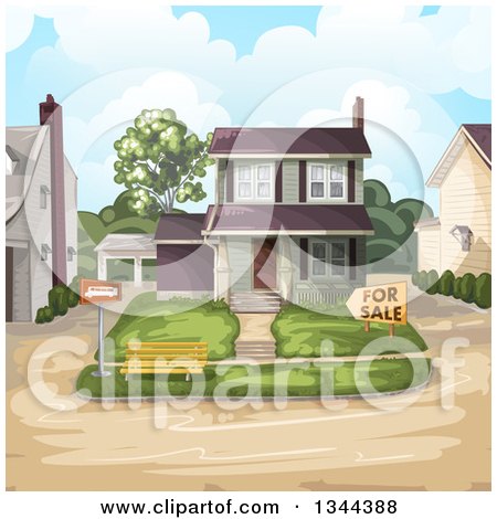 Clipart of a Front Yard and Home for Sale, with Neighbors - Royalty Free Vector Illustration by merlinul