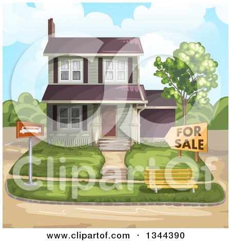 Clipart of a Front Yard and Home for Sale - Royalty Free Vector Illustration by merlinul