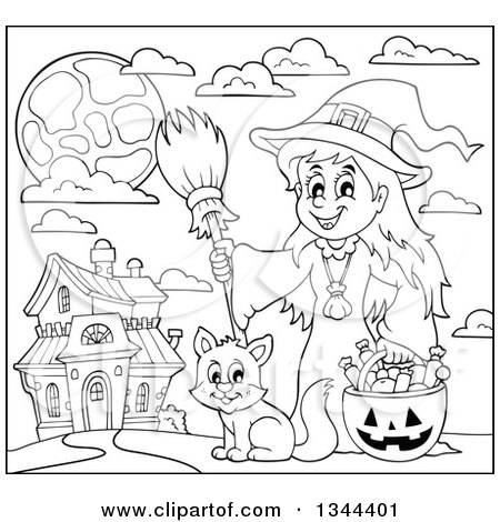 Lineart Clipart of a Cartoon Black and White Happy Witch Girl with a Jackolantern Pumpkin of Halloween Candy and a Cat by a Haunted House - Royalty Free Outline Vector Illustration by visekart