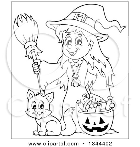 Lineart Clipart of a Cartoon Black and White Happy Witch Girl with a Jackolantern Pumpkin of Halloween Candy and a Cat - Royalty Free Outline Vector Illustration by visekart