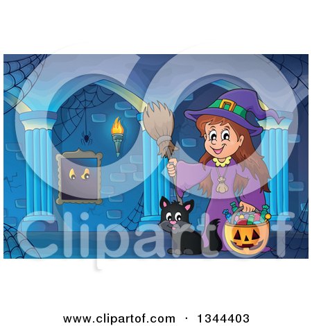 Clipart of a Cartoon Happy Witch Girl with a Jackolantern Pumpkin of Halloween Candy and a Black Cat in a Haunted Hallway - Royalty Free Vector Illustration by visekart