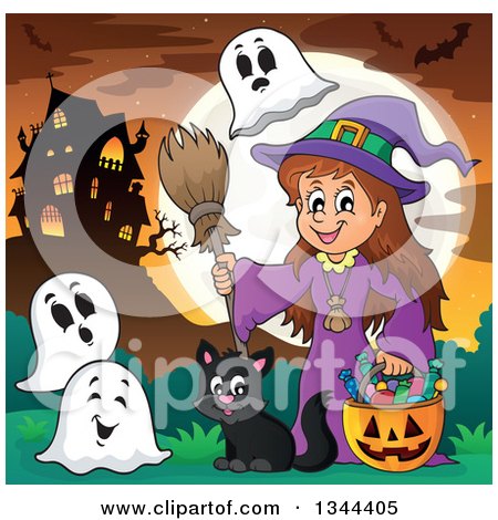 Clipart of a Cartoon Happy Witch Girl with a Jackolantern Pumpkin of Halloween Candy, Ghosts and a Black Cat by a Haunted House - Royalty Free Vector Illustration by visekart