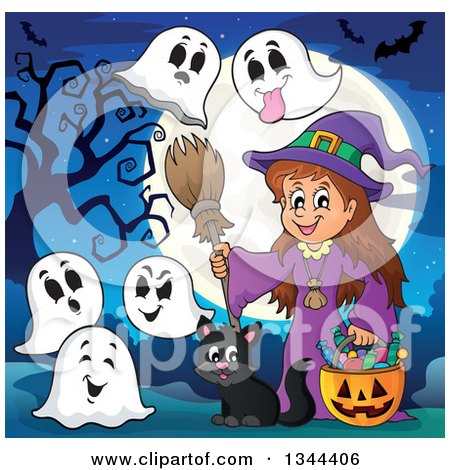 Clipart of a Cartoon Happy Witch Girl with a Jackolantern Pumpkin of Halloween Candy, Ghosts and a Black Cat Against a Full Moon - Royalty Free Vector Illustration by visekart