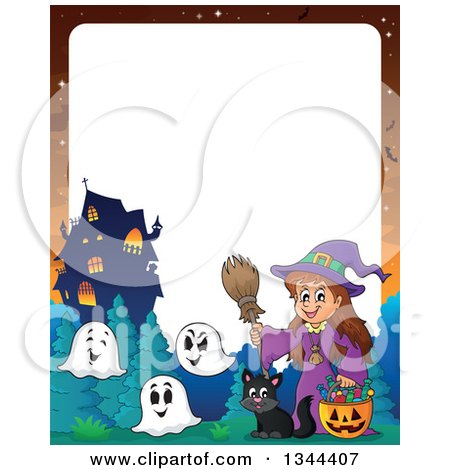 Clipart of a Cartoon Border of a Happy Witch Girl with a Jackolantern Pumpkin of Halloween Candy, Ghosts and a Black Cat by a Haunted House - Royalty Free Vector Illustration by visekart