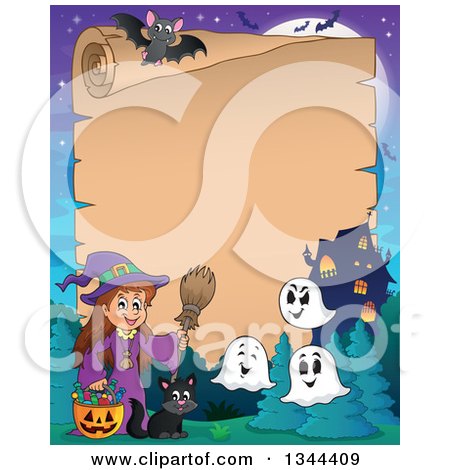 Clipart of a Cartoon Parchment Paper Border of a Happy Witch Girl with a Jackolantern Pumpkin of Halloween Candy, Ghosts and a Black Cat by a Haunted House - Royalty Free Vector Illustration by visekart