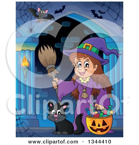 Clipart of a Cartoon Happy Witch Girl with a Jackolantern Pumpkin of Halloween Candy, Bats and a Black Cat in a Haunted Hallway - Royalty Free Vector Illustration by visekart