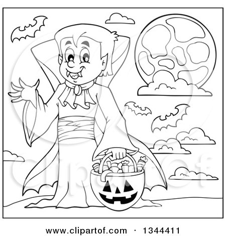 Lineart Clipart of a Cartoon Black and White Dracula Vampire Waving and Holding a Jackolantern Basket with Halloween Candy - Royalty Free Outline Vector Illustration by visekart