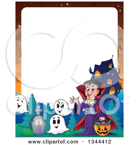 Clipart of a Cartoon Border of a Dracula Vampire Waving and Holding a Jackolantern Basket with Halloween Candy, Ghosts and a Haunted House - Royalty Free Vector Illustration by visekart