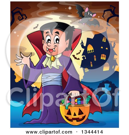 Clipart of a Cartoon Dracula Vampire Waving and Holding a Jackolantern Basket with Halloween Candy and Bats in a Cemetery by a Haunted House - Royalty Free Vector Illustration by visekart