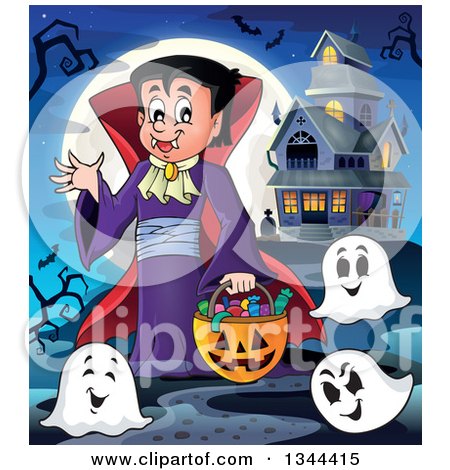 Clipart of a Cartoon Dracula Vampire Waving and Holding a Jackolantern Basket with Halloween Candy and Ghosts by a Haunted House - Royalty Free Vector Illustration by visekart