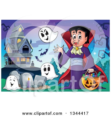 Clipart of a Cartoon Dracula Vampire Waving and Holding a Jackolantern Basket with Halloween Candy and Ghosts in a Cemetery by a Haunted House - Royalty Free Vector Illustration by visekart