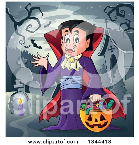 Clipart of a Cartoon Dracula Vampire Waving and Holding a Jackolantern Basket with Halloween Candy in a Cemetery - Royalty Free Vector Illustration by visekart