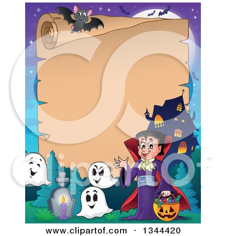 Clipart of a Cartoon Parchment Scroll Border of a Dracula Vampire Waving and Holding a Jackolantern Basket with Halloween Candy, Ghosts and a Haunted House - Royalty Free Vector Illustration by visekart
