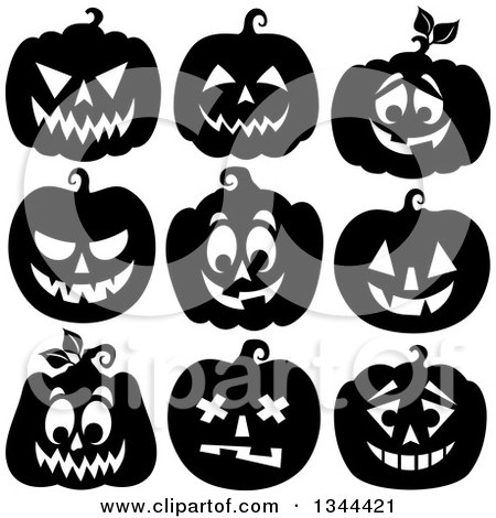 Clipart of Black and White Jackolantern Pumpkins - Royalty Free Vector Illustration by visekart