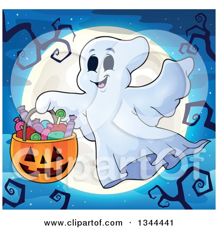 Clipart of a Trick or Treating Halloween Ghost with a Bucket of Candy over a Full Moon - Royalty Free Vector Illustration by visekart