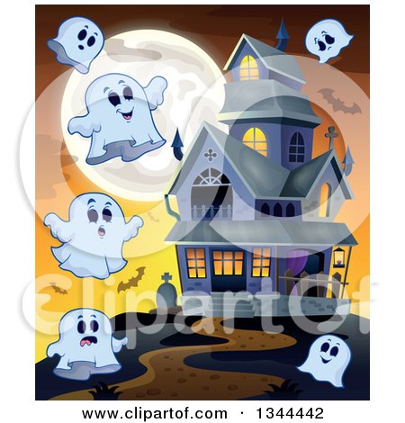 Clipart of Halloween Ghosts, Bats and a Full Moon Around a Haunted House - Royalty Free Vector Illustration by visekart