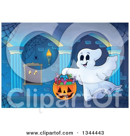 Clipart of a Trick or Treating Halloween Ghost with a Bucket of Candy in a Haunted Hallway - Royalty Free Vector Illustration by visekart