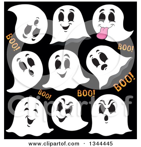 Clipart of Halloween Ghosts and Boo Text on Black - Royalty Free Vector Illustration by visekart