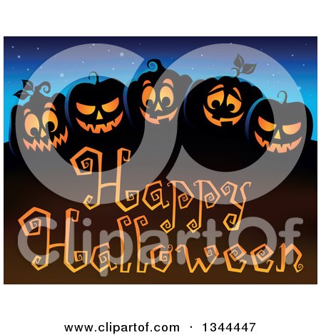 Clipart of a Row of Illuminated Jackolantern Pumpkins over Happy Halloween Text and a Night Sky - Royalty Free Vector Illustration by visekart