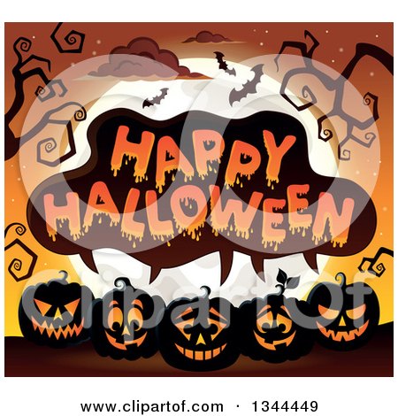 Clipart of a Row of Illuminated Jackolantern Pumpkins Under Happy Halloween Text, Bare Tree Branches, Bats and a Full Moon - Royalty Free Vector Illustration by visekart