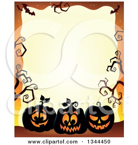 Clipart of a Halloween Border of Illuminated Jackolantern Pumpkins with Bare Tree Branches on Orange - Royalty Free Vector Illustration by visekart