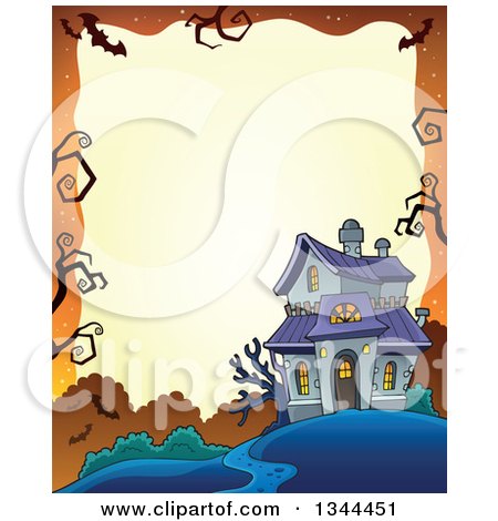 Clipart of a Halloween Border of a Haunted House on Orange - Royalty Free Vector Illustration by visekart