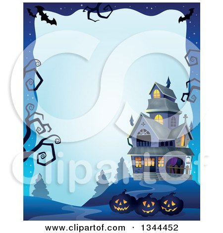 Clipart of a Halloween Border of Illuminated Jackolantern Pumpkins with a Haunted House and Bare Tree Branches on Blue - Royalty Free Vector Illustration by visekart